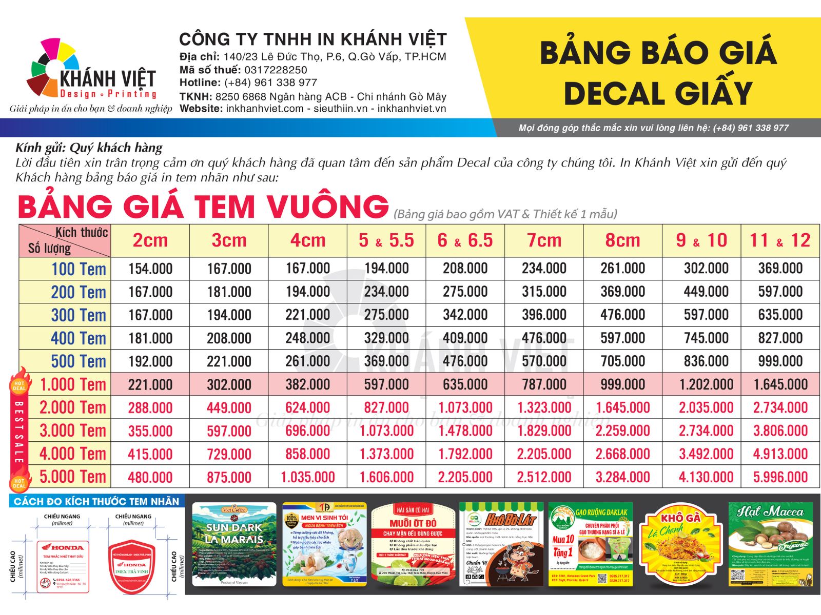 Bảng giá in tem nhãn decal giấy hình vuông