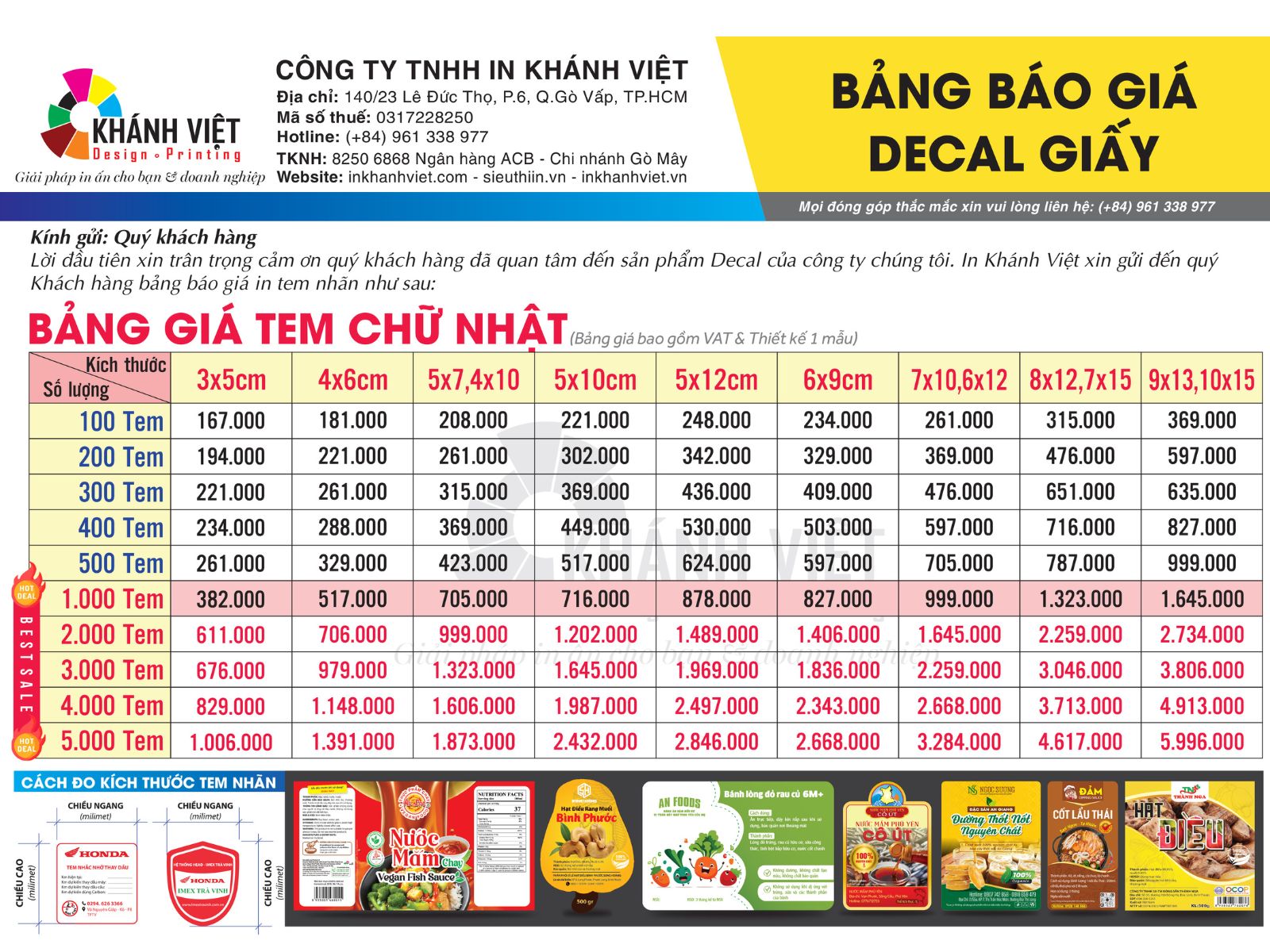 Bảng giá in tem nhãn decal giấy hình chữ nhật